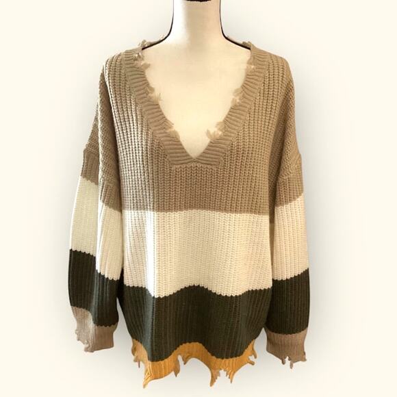 Derek Heart Scarecrow Knit Sweater Women's 3X V-neck Neutrals Color Block - Picture 4 of 11